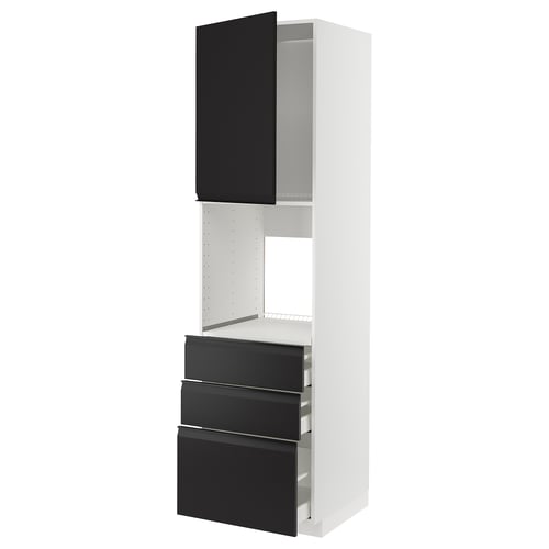 Modern kitchen unit METOD, white with black drawers and cabinet, sleek handles, open design.