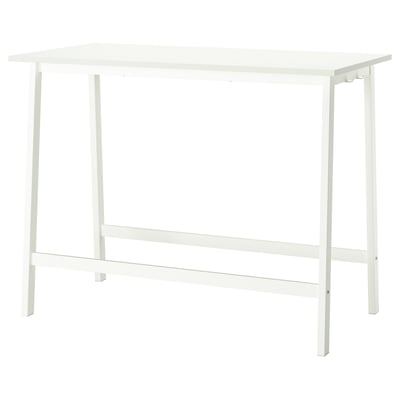 This image the MITTZON white high conference table with metal legs and footrests, ideal for sitting or standing meetings.