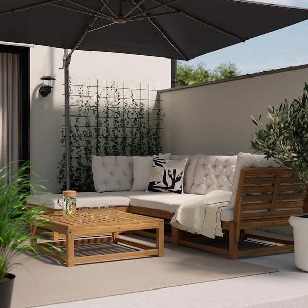 NÄMMARÖ 3-seat sofa, outdoor with footstool/light brown stained Kuddarna light grey-beige, 264 cm