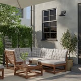 NÄMMARÖ Modular corner sofa, 3-seat, outdoor light brown stained/Kuddarna light grey-beige