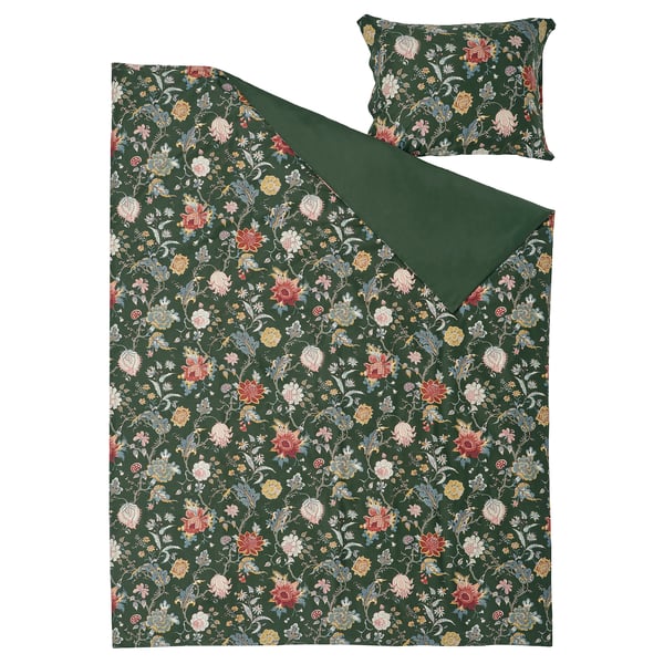 NÄSSELKLOCKA Duvet cover and pillowcase, dark grey-green/multicolour, 150x200/50x60 cm