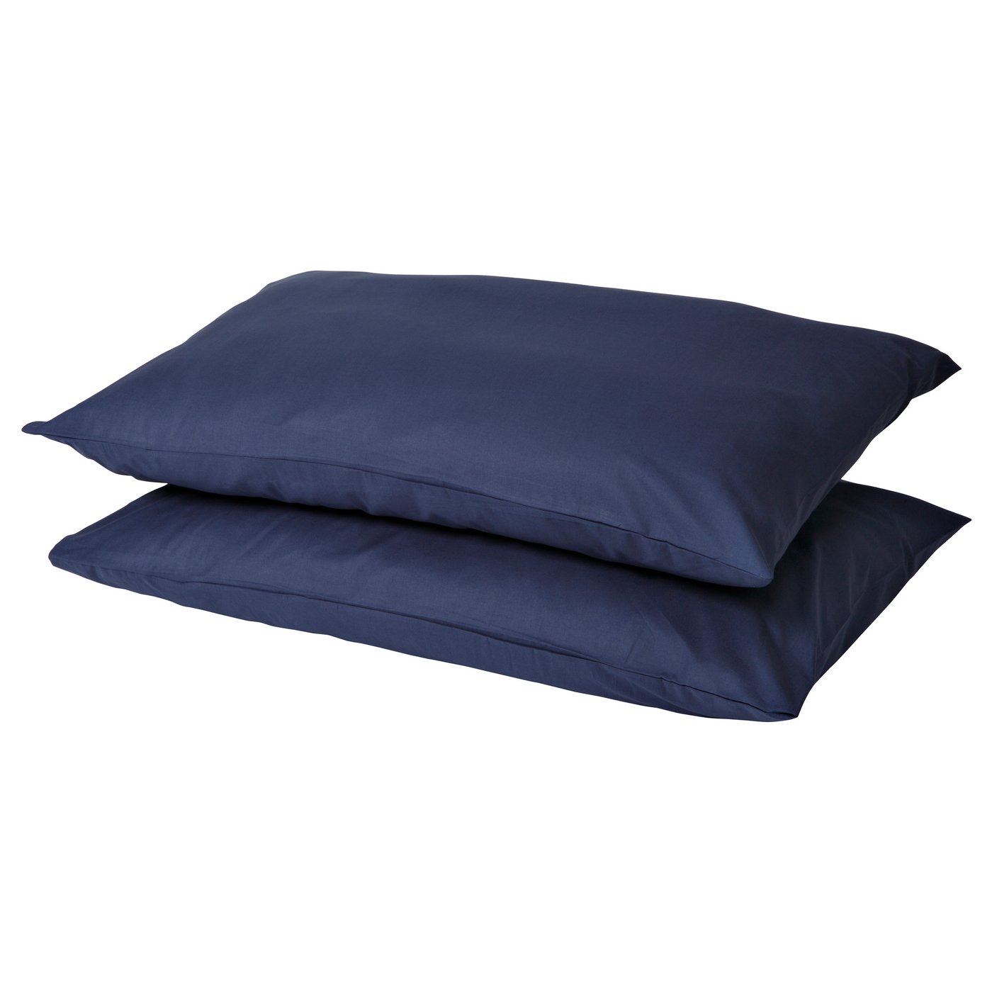 Two dark blue rectangular pillows are stacked neatly, showcasing their smooth fabric.