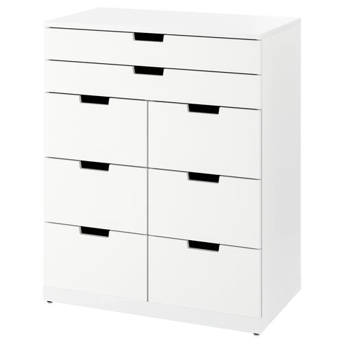 Ikea NORDLI white 8-drawer chest. Modern, square-shaped, with black handles.