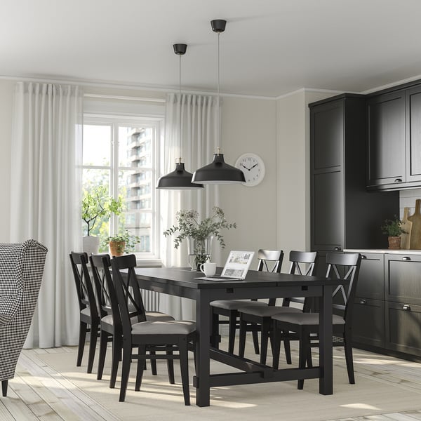 NORDVIKEN / INGOLF Table and 6 chairs, black/Nolhaga grey-beige brown-black, 210/289 cm