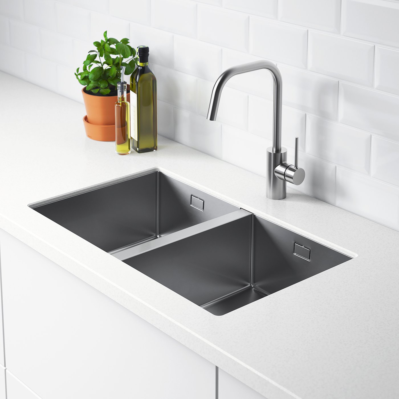 NORRSJÖN Inset sink, 2 bowls - stainless steel for custom made worktop  quartz 73x44 cm