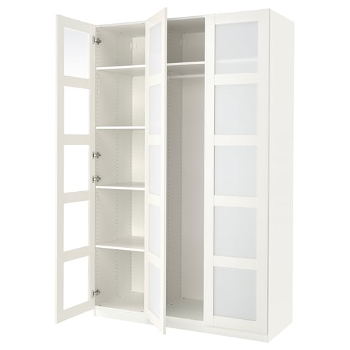White PAX wardrobe with glass doors and multiple shelves.