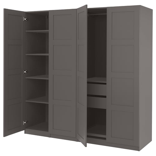 Dark grey PAX wardrobe, open showing shelves; modern, rectangular, panel design.