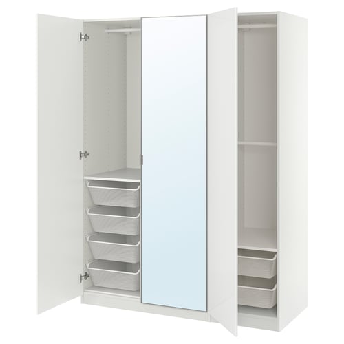 A white ikea PAX wardrobe with mirrored doors and mesh storage.