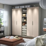 PAX / FARDAL Wardrobe combination, grey-beige/high-gloss light orange, 250x60x236 cm