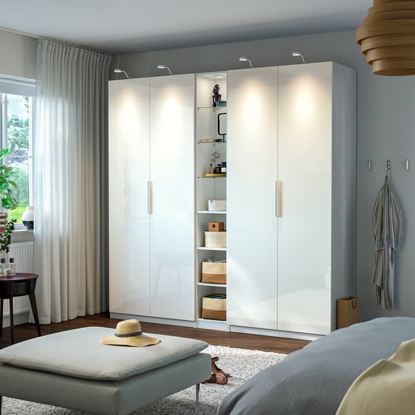 PAX / FARDAL Wardrobe combination, white high-gloss/white white, 235x60x236 cm