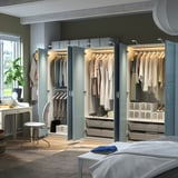 PAX / FJÄREHALS Wardrobe combination, white/light grey-blue, 300x60x201 cm