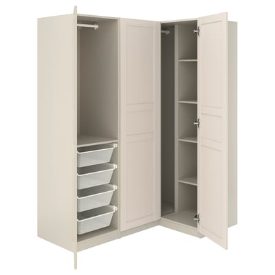 PAX / FLISBERGET Corner wardrobe, grey-beige/light beige, 161/111x201 cm