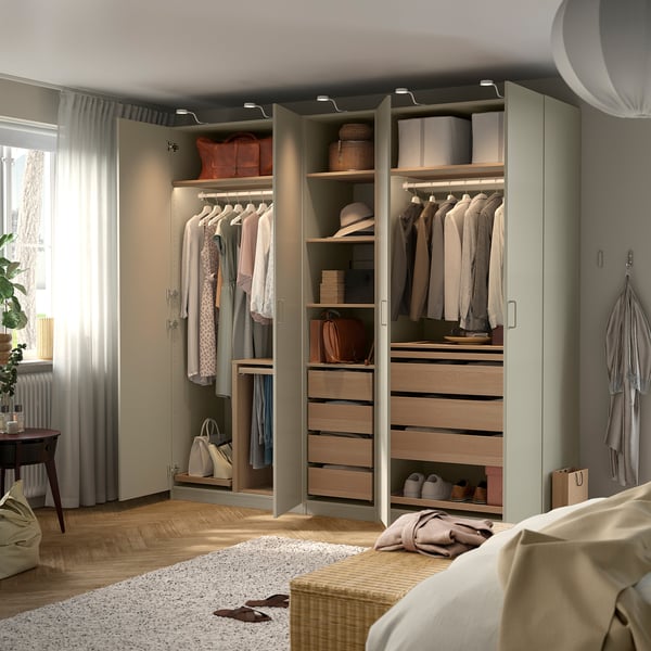 PAX / FORSAND Wardrobe combination, grey-beige/white stained oak effect grey-beige, 250x60x236 cm
