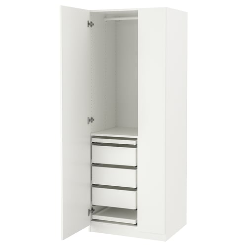 A white PAX wardrobe with an open door, revealing shelves inside.