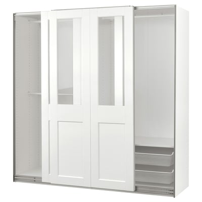 White PAX wardrobe with glass and mesh, sliding doors, storage for clothes and accessories.