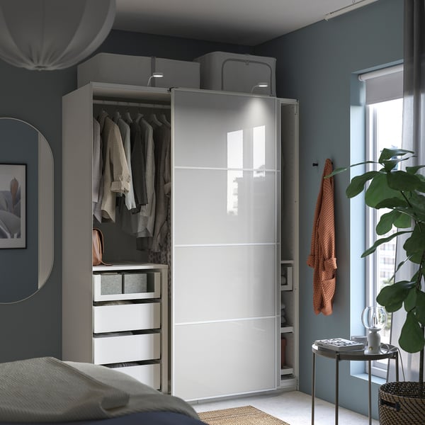 PAX / HOKKSUND Wardrobe combination, white/high-gloss light grey, 150x66x201 cm
