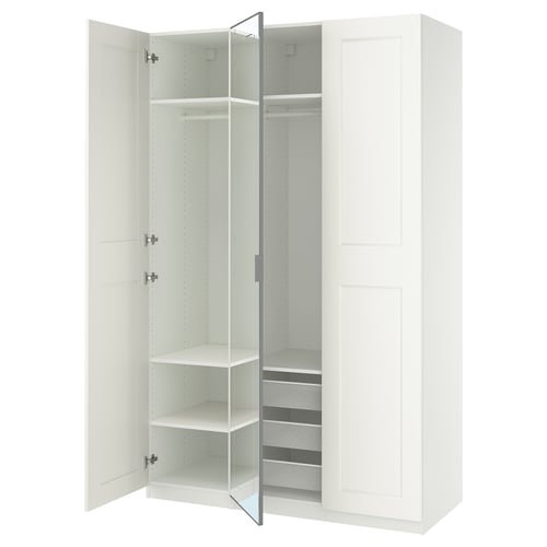 White PAX wardrobe with mirror doors and adjustable shelves.