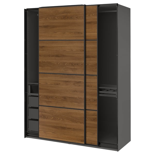 PAX / MEHAMN Wardrobe with sliding doors, dark grey black/double sided walnut, 150x66x201 cm