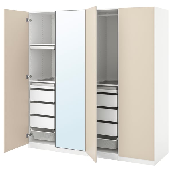 PAX / REINSVOLL/ÅHEIM Wardrobe combination, white/grey-beige mirror glass, 200x60x201 cm