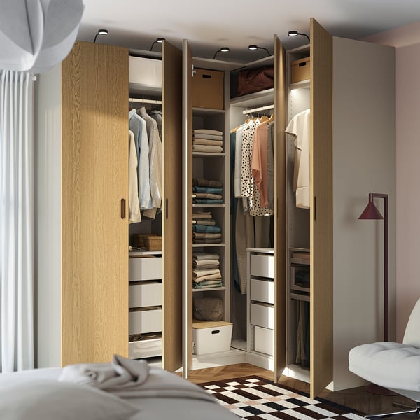 PAX / TONSTAD Corner wardrobe, grey-beige/grey-beige oak veneer, 231/161x236 cm
