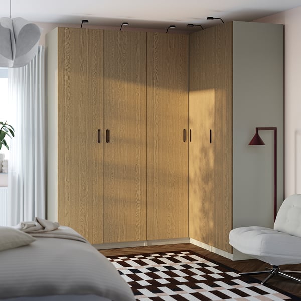 PAX / TONSTAD Corner wardrobe, grey-beige/grey-beige oak veneer, 231/161x236 cm