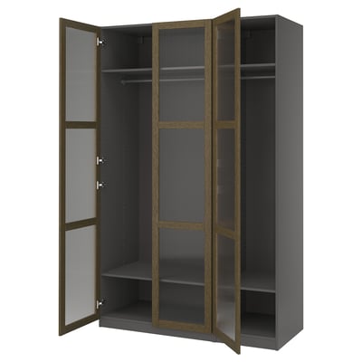 PAX / TONSTAD Wardrobe combination, dark grey brown/stained oak veneer glass, 150x60x236 cm