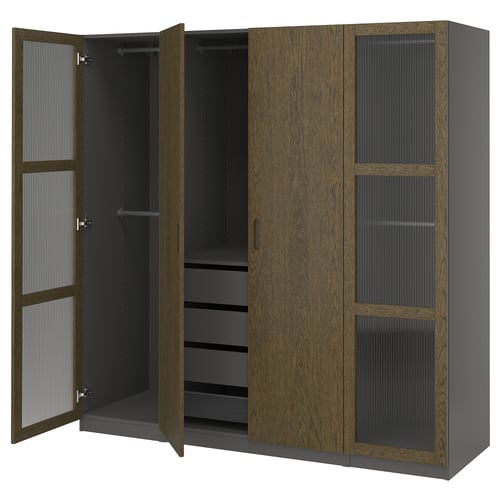 PAX wardrobe: dark wood, tall, rectangular, open doors revealing shelves, hangers, drawers.