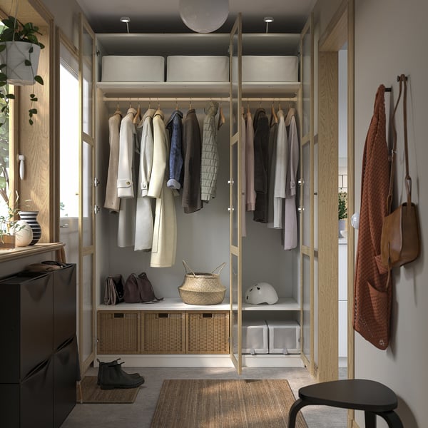 PAX / TONSTAD Wardrobe combination, white/oak veneer glass, 150x60x236 cm