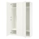 Displays an open white PAX wardrobe with a minimalist design, featuring multiple shelves and a hanging rod, and durable particleboard construction.