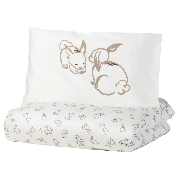 RÖDHAKE duvet cover 1 pillowcase for cot, rabbit pattern/white/beige, 110x125/35x55 cm IKEA