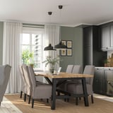 SKOGSTA / BERGMUND Table and 6 chairs, acacia/Nolhaga grey/beige, 235x100 cm