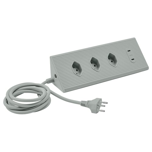 SKOTAT extension cord, grey, rectangular, minimalist design, polycarbonate with silicone pads.