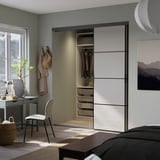 SKYTTA / PAX Walk-in wardrobe with sliding doors, black/Hokksund high-gloss light grey, 226x160x240 cm