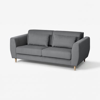 Grey SLATORP sofa, modern design with wooden legs, comfy cushions.