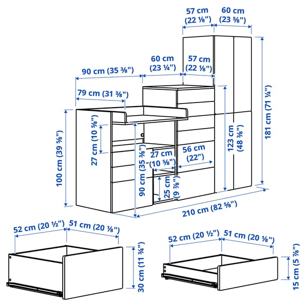 SMÅSTAD / PLATSA Storage combination, white grey/with changing table, 210x79x181 cm