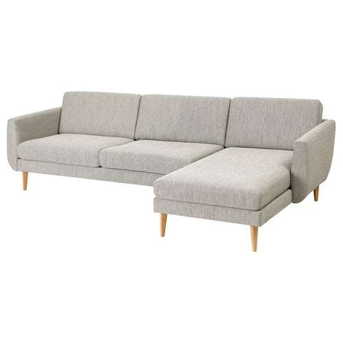 Modern grey l-shaped sofa, SMEDSTORP, with soft fabric, wooden legs, curved design.