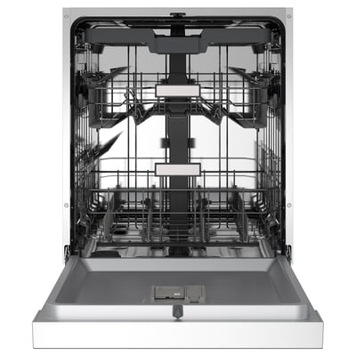 Stainless steel dishwasher with black control panel, sleek modern design.