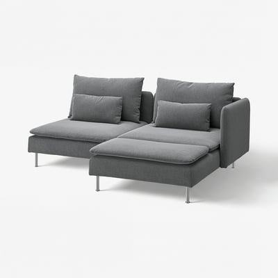 Modern grey l-shaped sofa, deep seats, polished metal legs, sleek design.