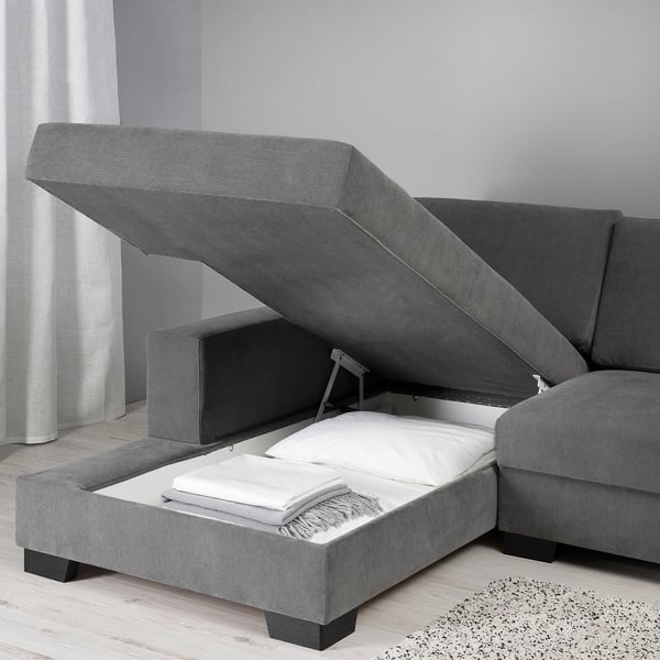 SÖRVALLEN 3-seat sofa-bed with chaise longue, left/Tallmyra medium grey