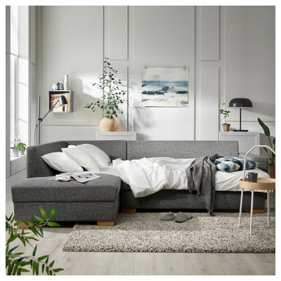 SÖRVALLEN Corner sofa-bed, 3-seat, with open end, left/Lejde grey/black