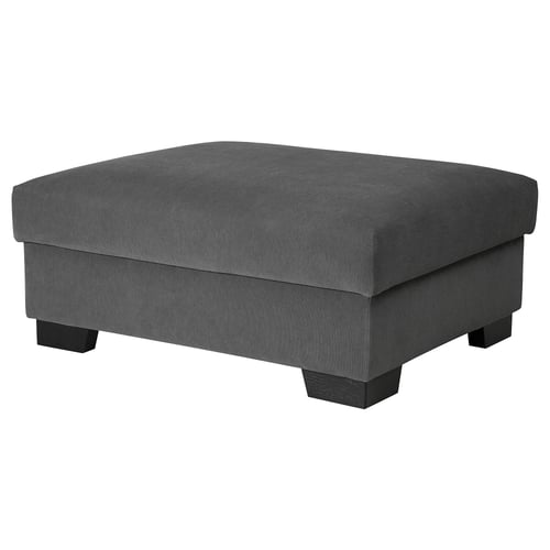 The SÖRVALLEN footstool is grey, rectangular with angled front. It is upholstered in grey textured fabric. Four wooden legs support it.