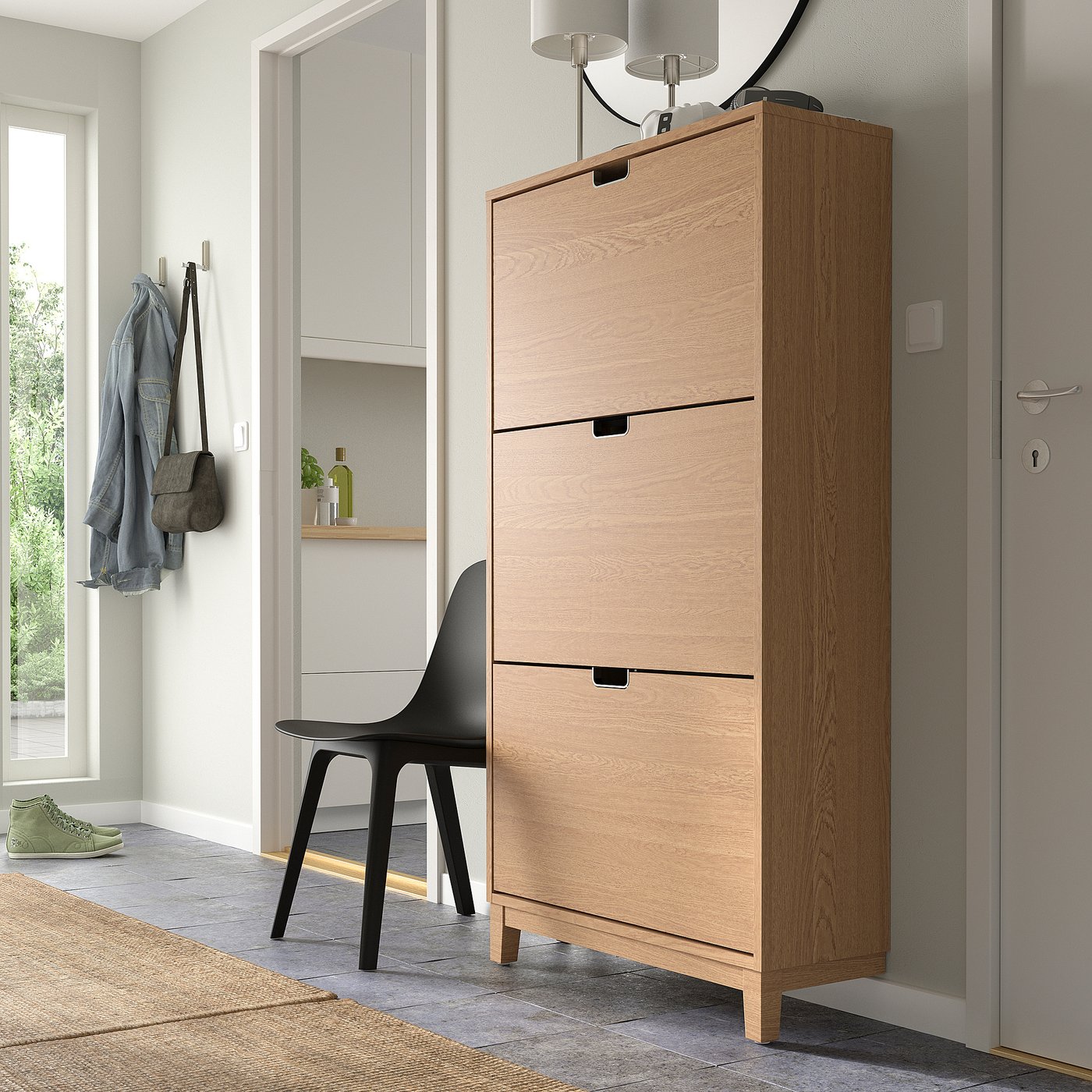 STÄLL shoe cabinet with 3 compartments, oak veneer, 79x29x148 cm