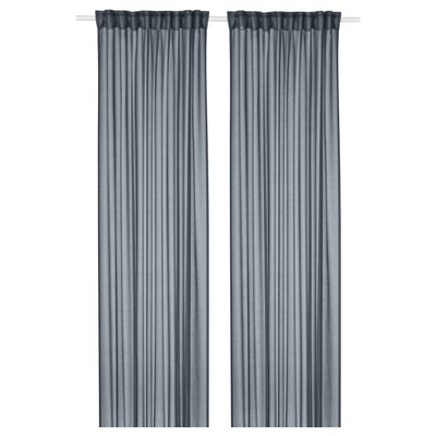 STENFRÖ Sheer curtains, 1 pair, dark blue/with heading tape, 145x300 cm