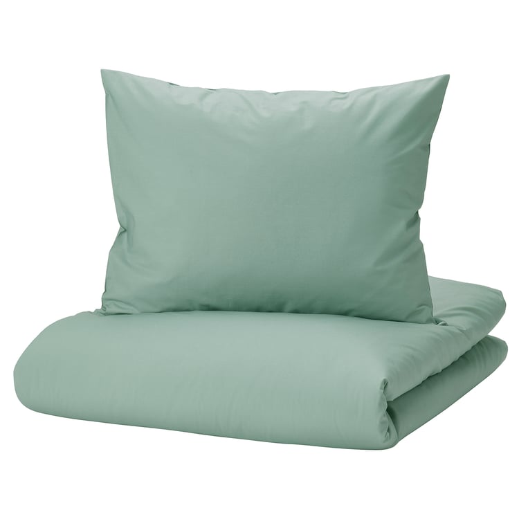 STRANDTALL duvet cover and pillowcase, greygreen/dark green, 150x200