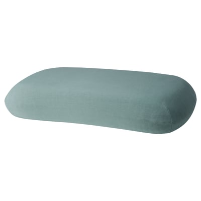 Blue ergonomic pillow, soft with elastic edge, rectangular shape.