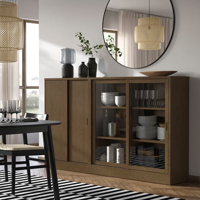 TONSTAD Storage combination w sliding doors, brown stained oak veneer/clear glass, 202x37x120 cm