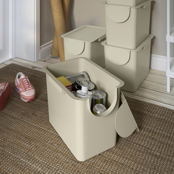 TRÖSKNING Bin with lid, light beige, 25 l