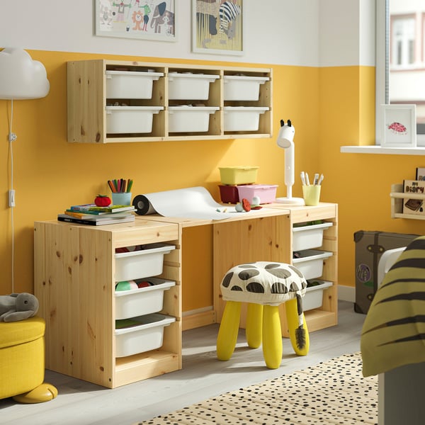 TROFAST Desk with storage boxes, light white stained pine white, 124x44x52 cm