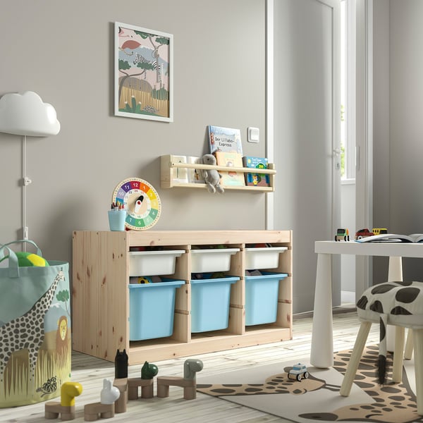 TROFAST Storage combination with boxes, light white stained pine white/light blue, 93x44x52 cm