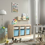 TROFAST Storage combination with boxes, light white stained pine white/light blue, 93x44x52 cm